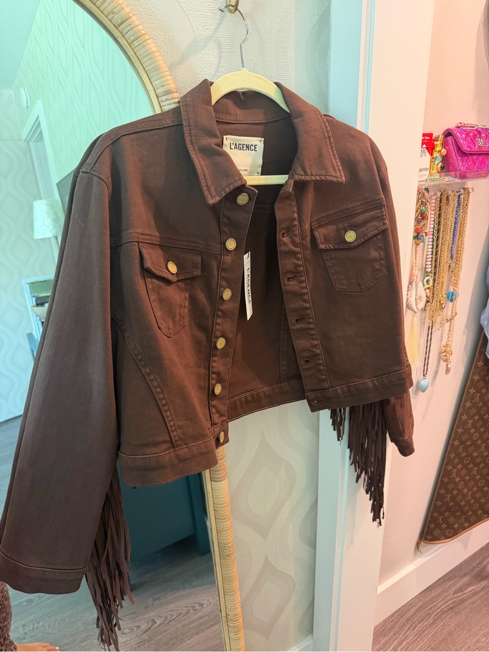 L'AGENCE Chocolate Brown Cropped Fringe Jean Jacket